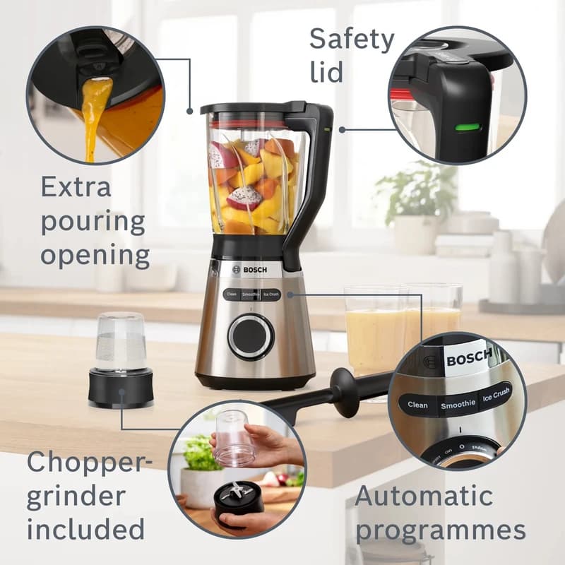 مخلوط کن بوش 1200 وات مدل BOSCH VitaPower MMB6386M پارچ شیشهای ThermoSafe 1.5 لیتر با آسیاب