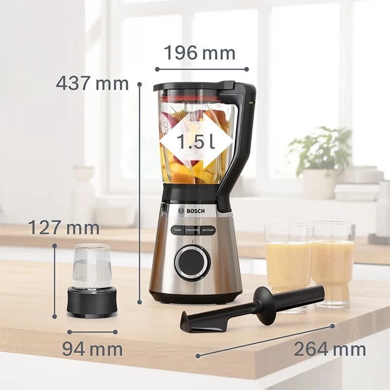 مخلوط کن بوش 1200 وات مدل BOSCH VitaPower MMB6386M پارچ شیشهای ThermoSafe 1.5 لیتر با آسیاب