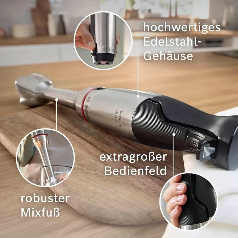 گوشت کوب برقی بوش 1000 وات مدل MSM6M622 چندکاره با تیغه ۴ پره QuattroBlade، خردکن، همزن بالونی و تیغه یخشکن (سری ErgoMaster Series 6)